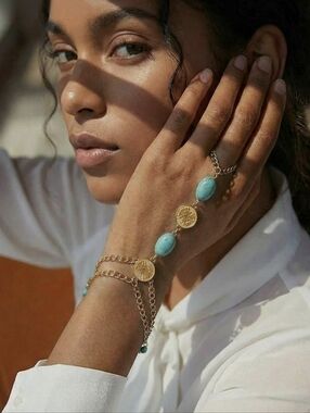 Gold and Turquoise Hand Chain Bracelet